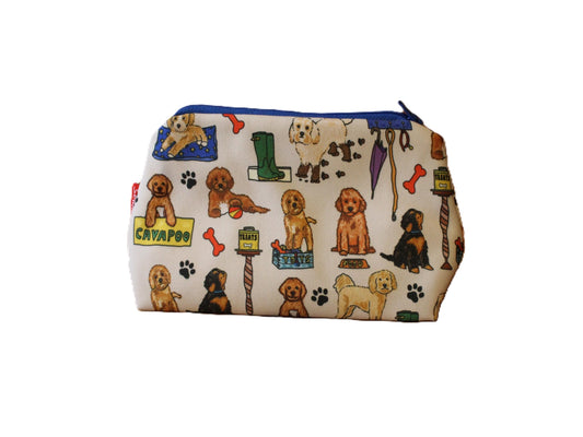 Cavapoo cosmetic bag featuring vibrant breed illustration with wipe-clean lining and coordinated zipper by Selina-Jayne Designs