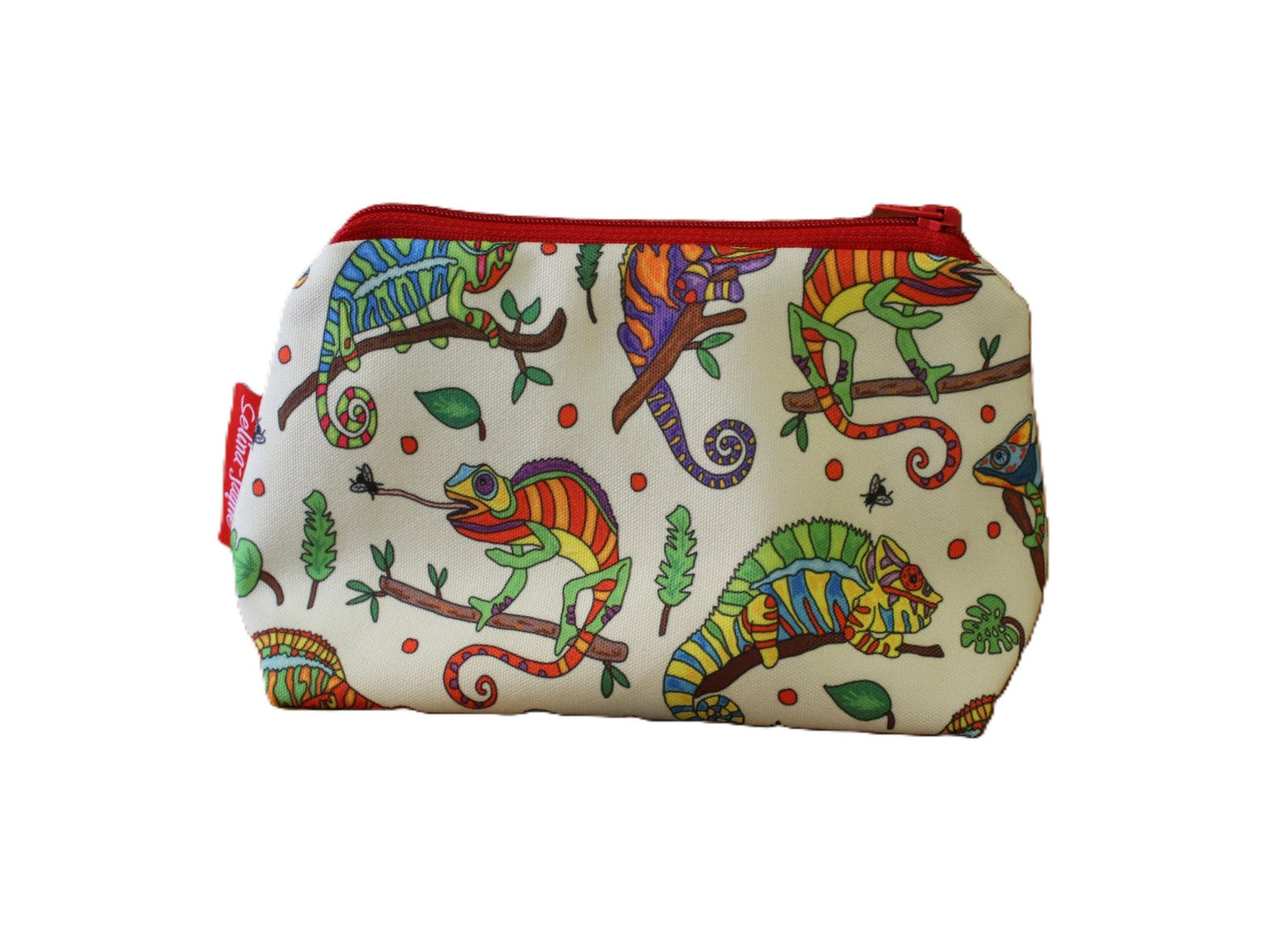 Chameleon cosmetic bag featuring vibrant nature-inspired print with wipe-clean lining and coordinated zipper by Selina-Jayne Designs