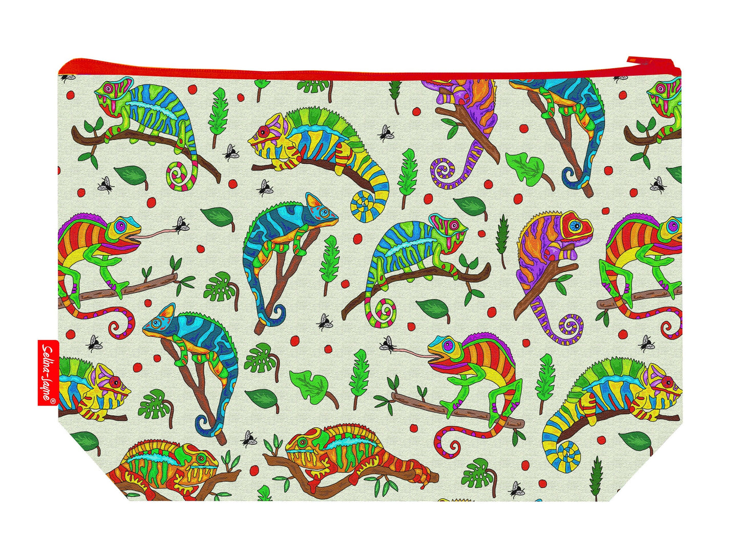 Chameleon toiletry bag featuring vibrant reptile design with washable lining by Selina-Jayne Designs