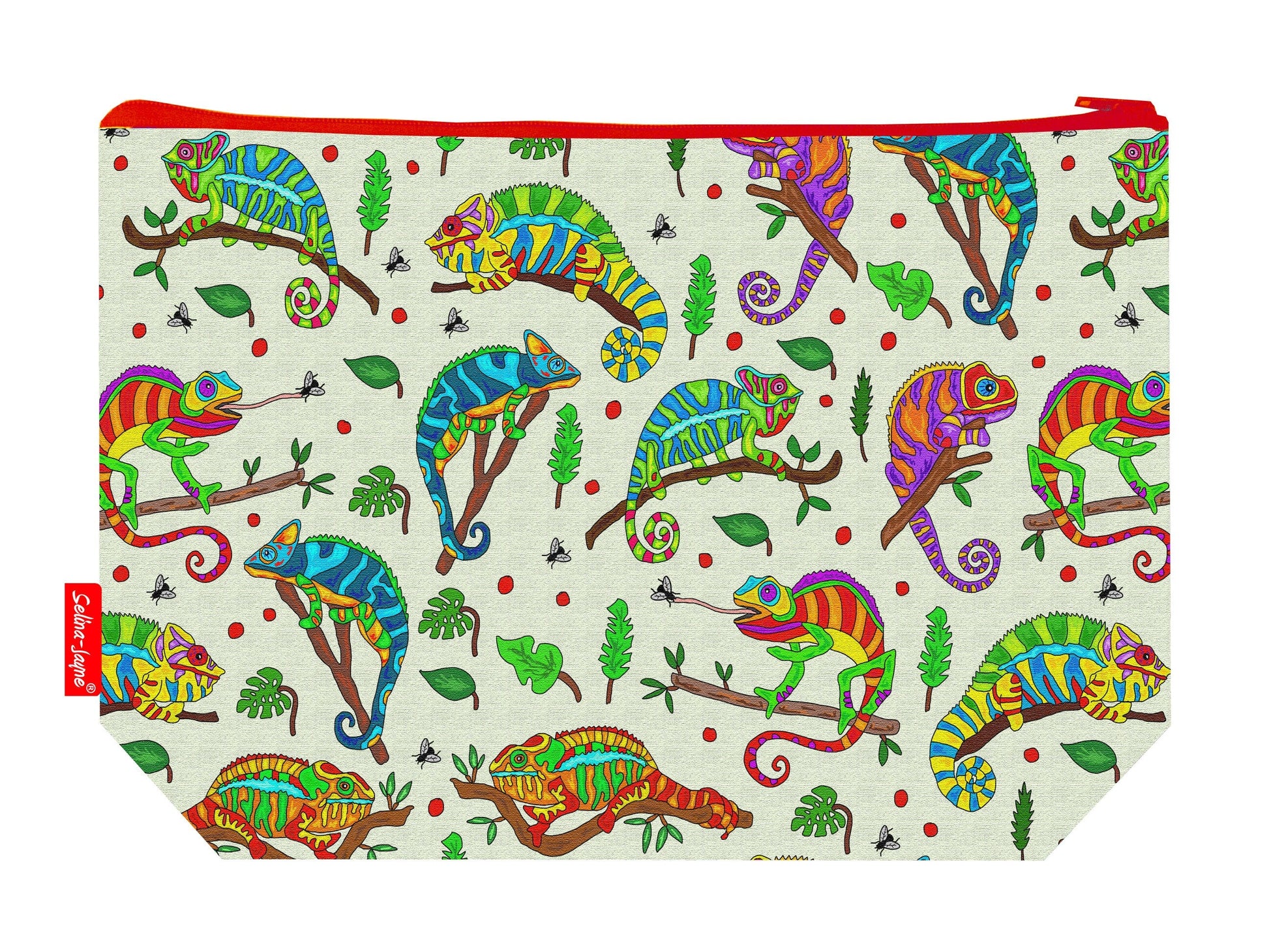 Chameleon toiletry bag featuring vibrant reptile design with washable lining by Selina-Jayne Designs