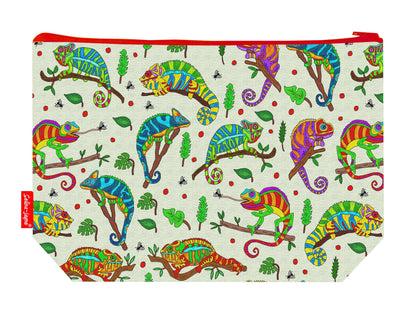 Chameleon toiletry bag featuring vibrant reptile design with washable lining by Selina-Jayne Designs