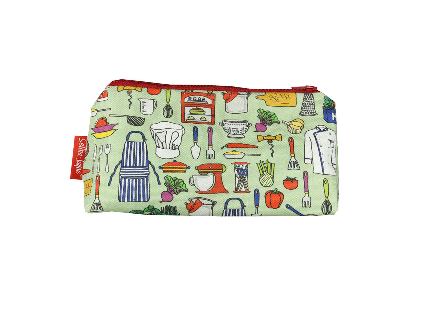 Chef cosmetic bag featuring vibrant culinary-inspired print with wipe-clean lining and coordinated zipper by Selina-Jayne Designs