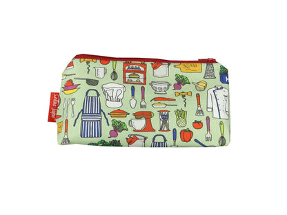 Chef cosmetic bag featuring vibrant culinary-inspired print with wipe-clean lining and coordinated zipper by Selina-Jayne Designs