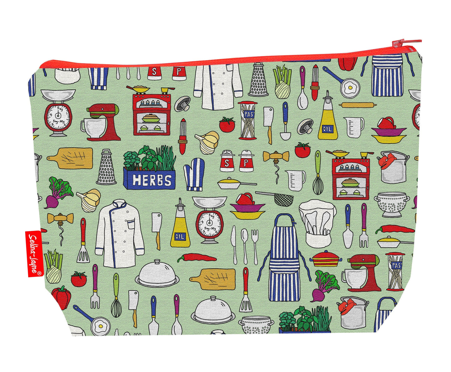 Chef toiletry bag featuring vibrant culinary professional design with washable lining by Selina-Jayne Designs