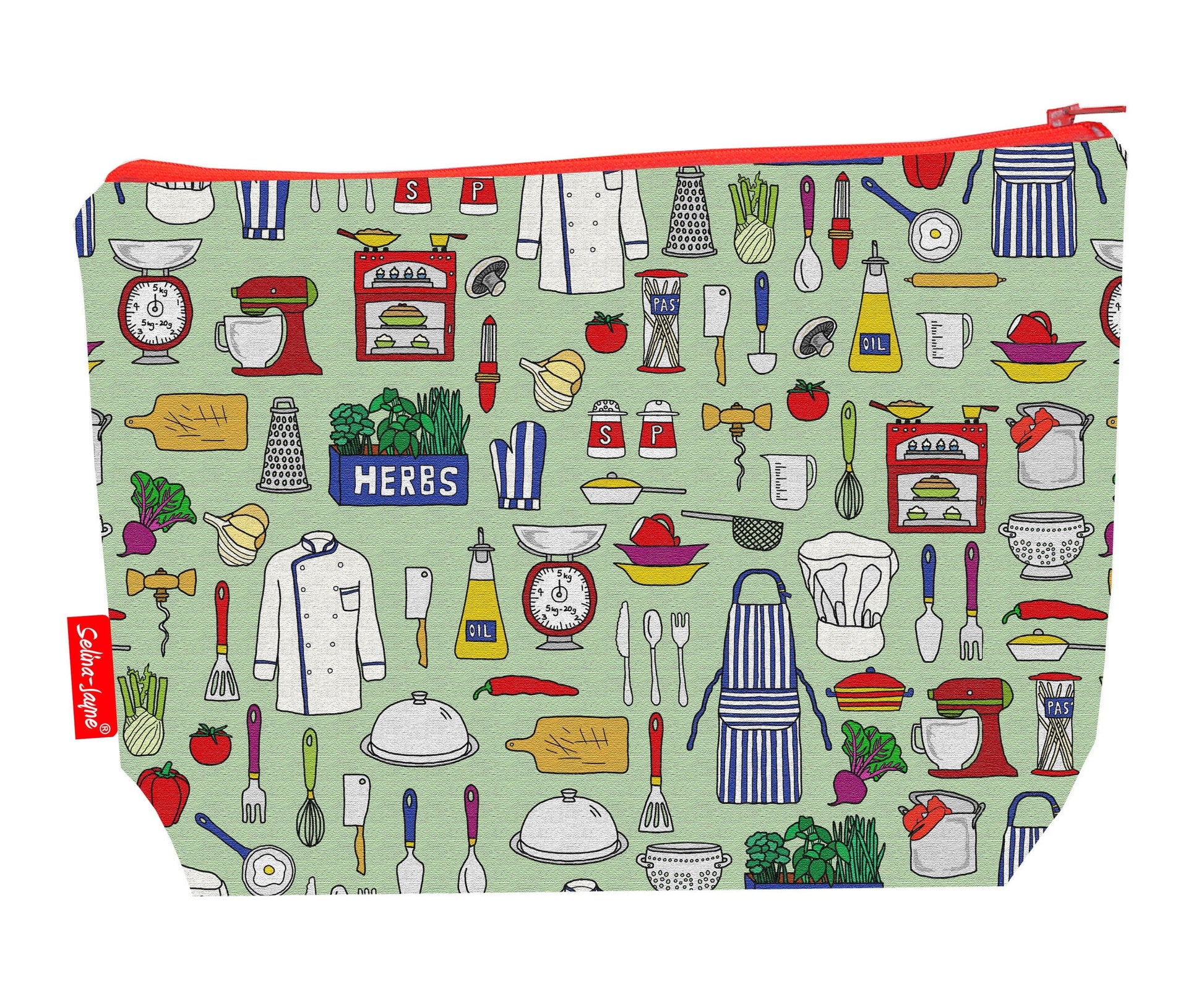 Chef toiletry bag featuring vibrant culinary professional design with washable lining by Selina-Jayne Designs