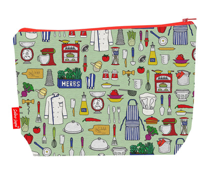 Chef toiletry bag featuring vibrant culinary professional design with washable lining by Selina-Jayne Designs