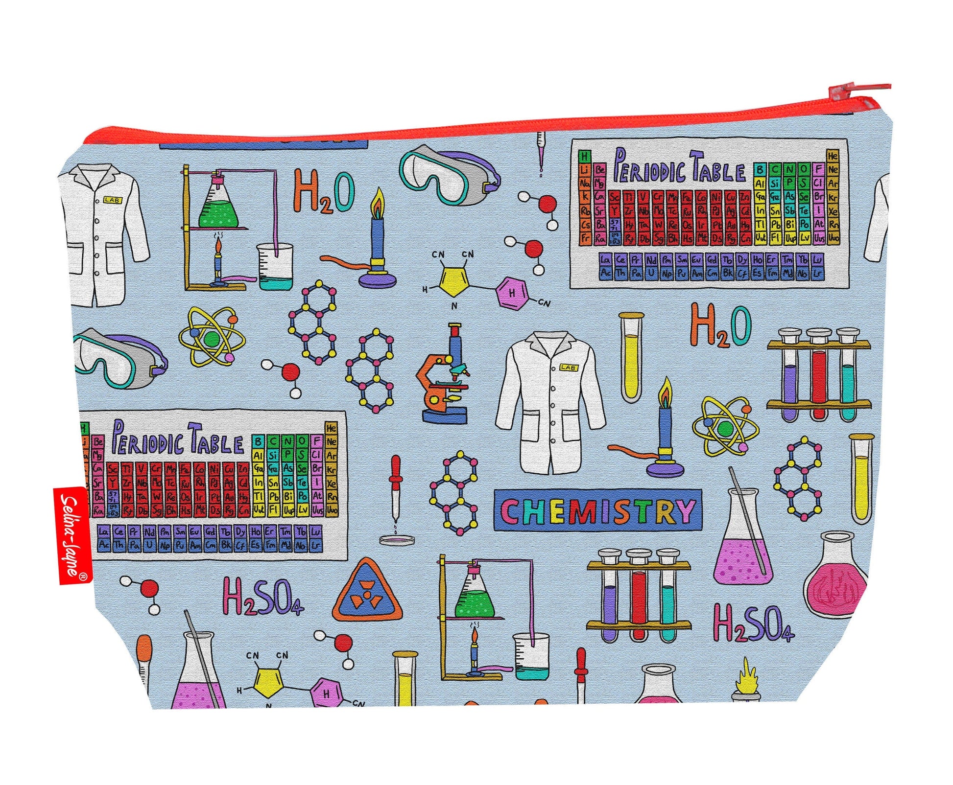 Chemistry toiletry bag featuring vibrant science design with washable lining by Selina-Jayne Designs