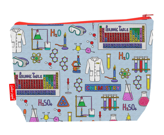 Chemistry toiletry bag featuring vibrant science design with washable lining by Selina-Jayne Designs