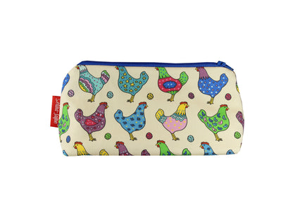 Chickens cosmetic bag featuring vibrant farm-inspired print with wipe-clean lining and coordinated zipper by Selina-Jayne Designs