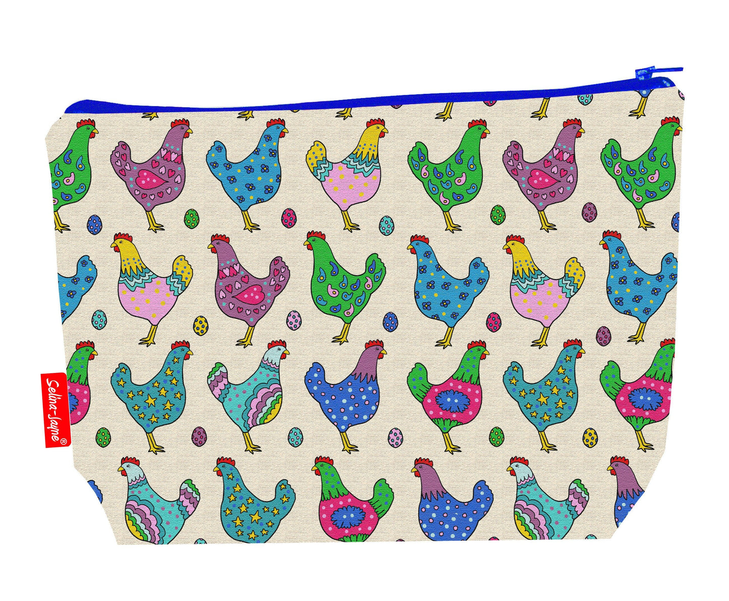 Chickens toiletry bag featuring vibrant hen design with washable lining by Selina-Jayne Designs