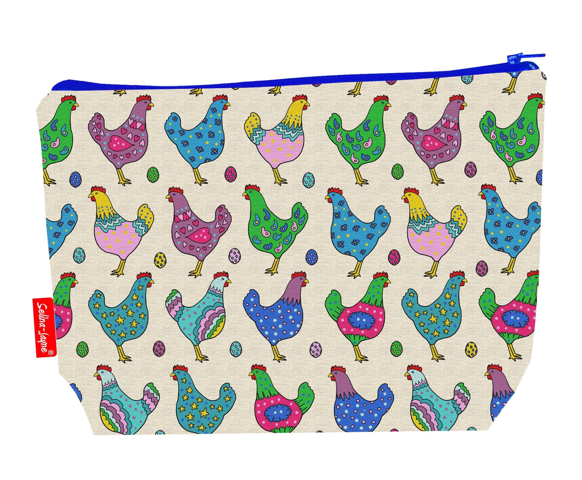 Chickens toiletry bag featuring vibrant hen design with washable lining by Selina-Jayne Designs
