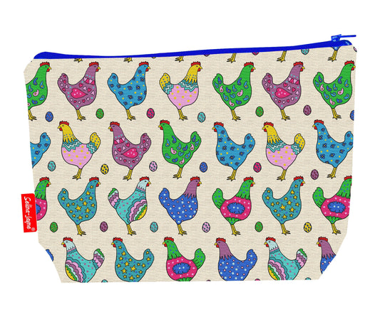 Chickens toiletry bag featuring vibrant hen design with washable lining by Selina-Jayne Designs