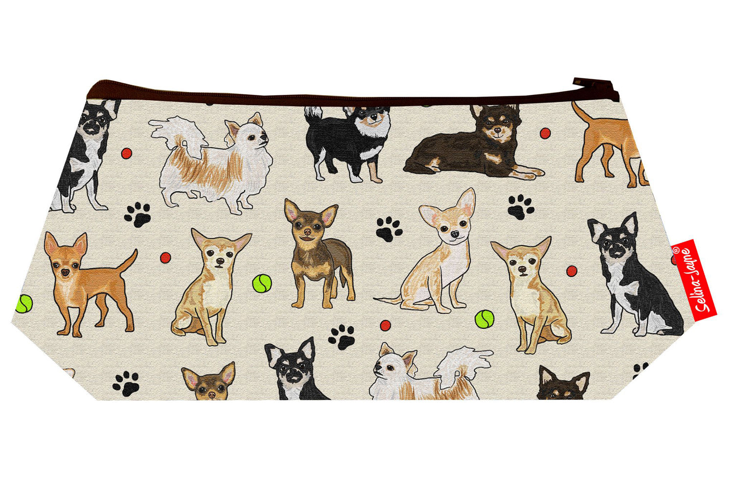 Premium Chihuahua makeup bag showing HD print quality and compact 17.5cm design, perfect gift for dog lovers and Chihuahua enthusiasts