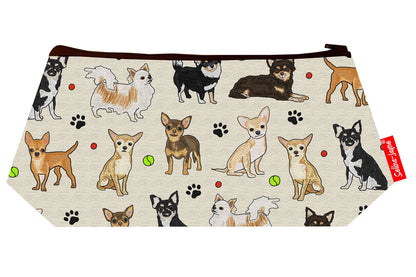 Premium Chihuahua makeup bag showing HD print quality and compact 17.5cm design, perfect gift for dog lovers and Chihuahua enthusiasts