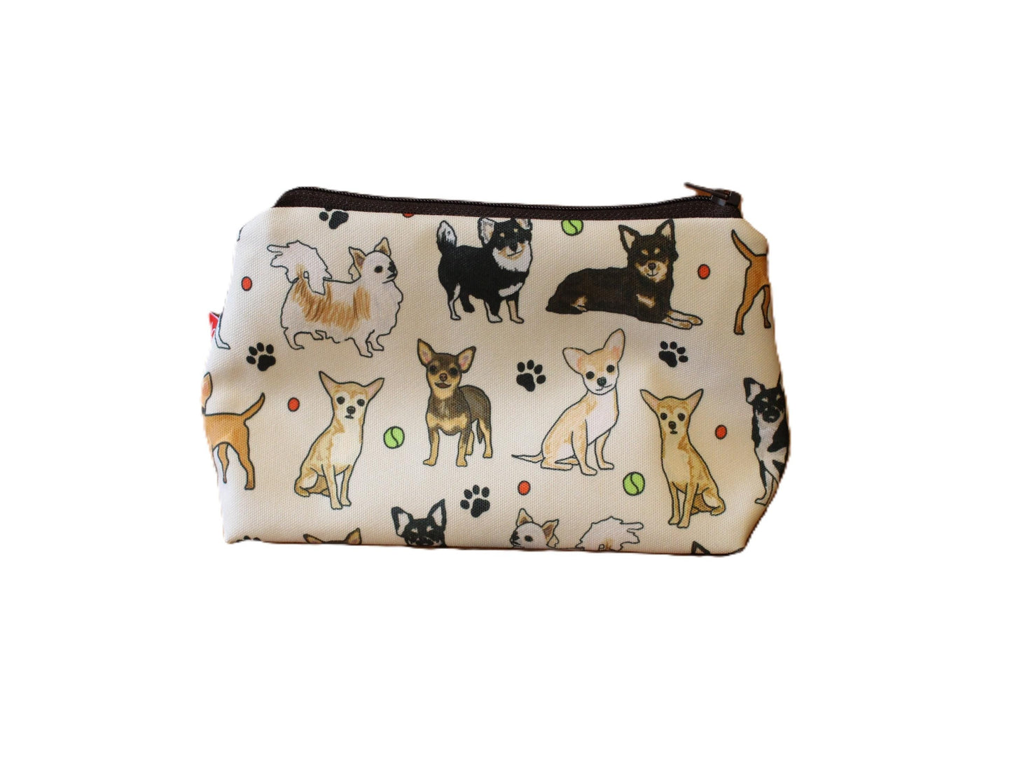 Chihuahua cosmetic bag featuring vibrant breed illustration with wipe-clean lining and coordinated zipper by Selina-Jayne Designs