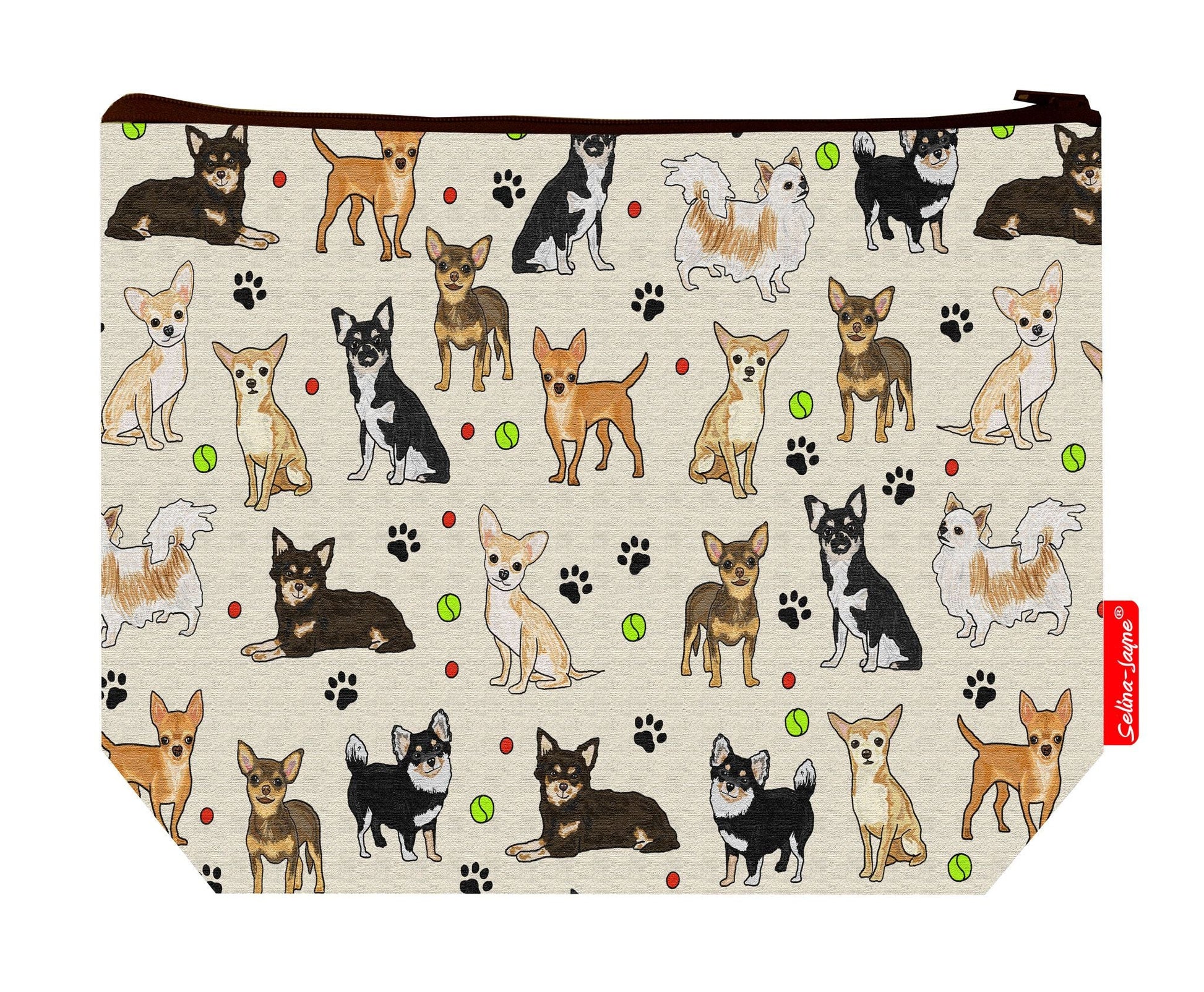 Premium Chihuahua wash bag with durable polyester and colour-coordinated zip, 29cm practical size