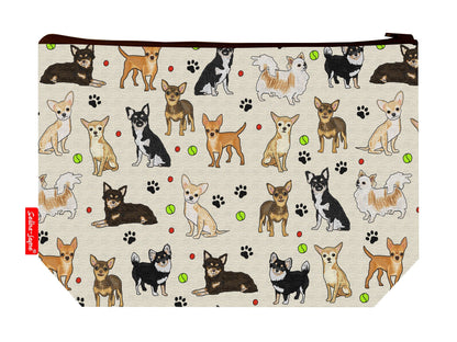 Chihuahua toiletry bag featuring vibrant toy dog design with washable lining by Selina-Jayne Designs