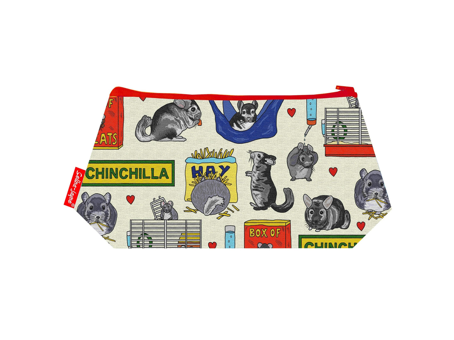 Chinchilla cosmetic bag featuring vibrant pet-inspired print with wipe-clean lining and coordinated zipper by Selina-Jayne Designs