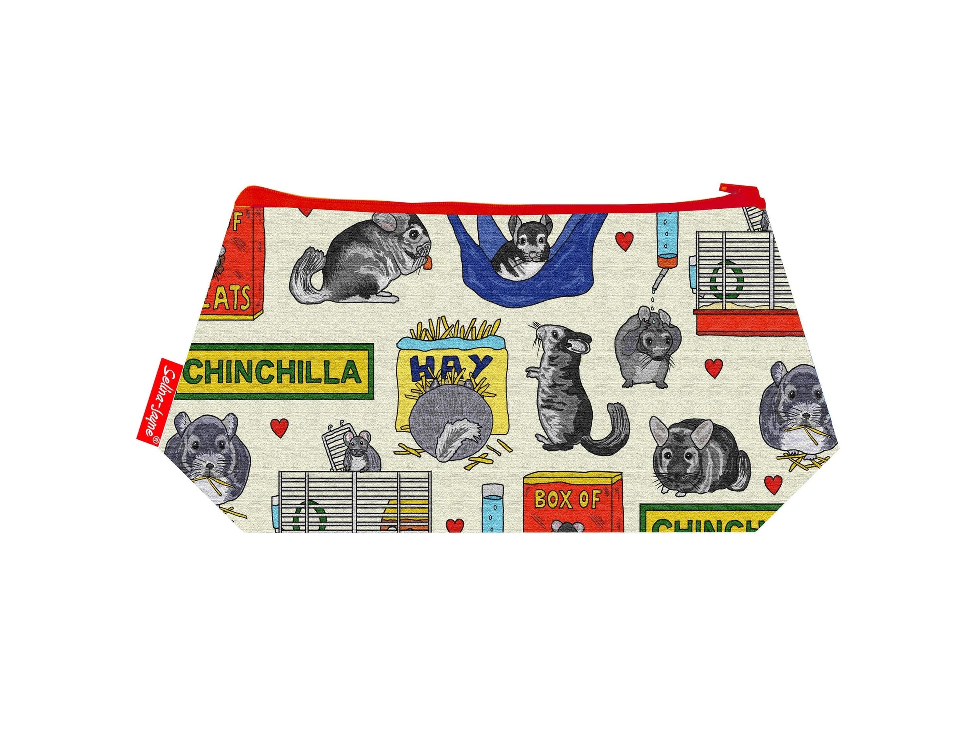 Chinchilla cosmetic bag featuring vibrant pet-inspired print with wipe-clean lining and coordinated zipper by Selina-Jayne Designs