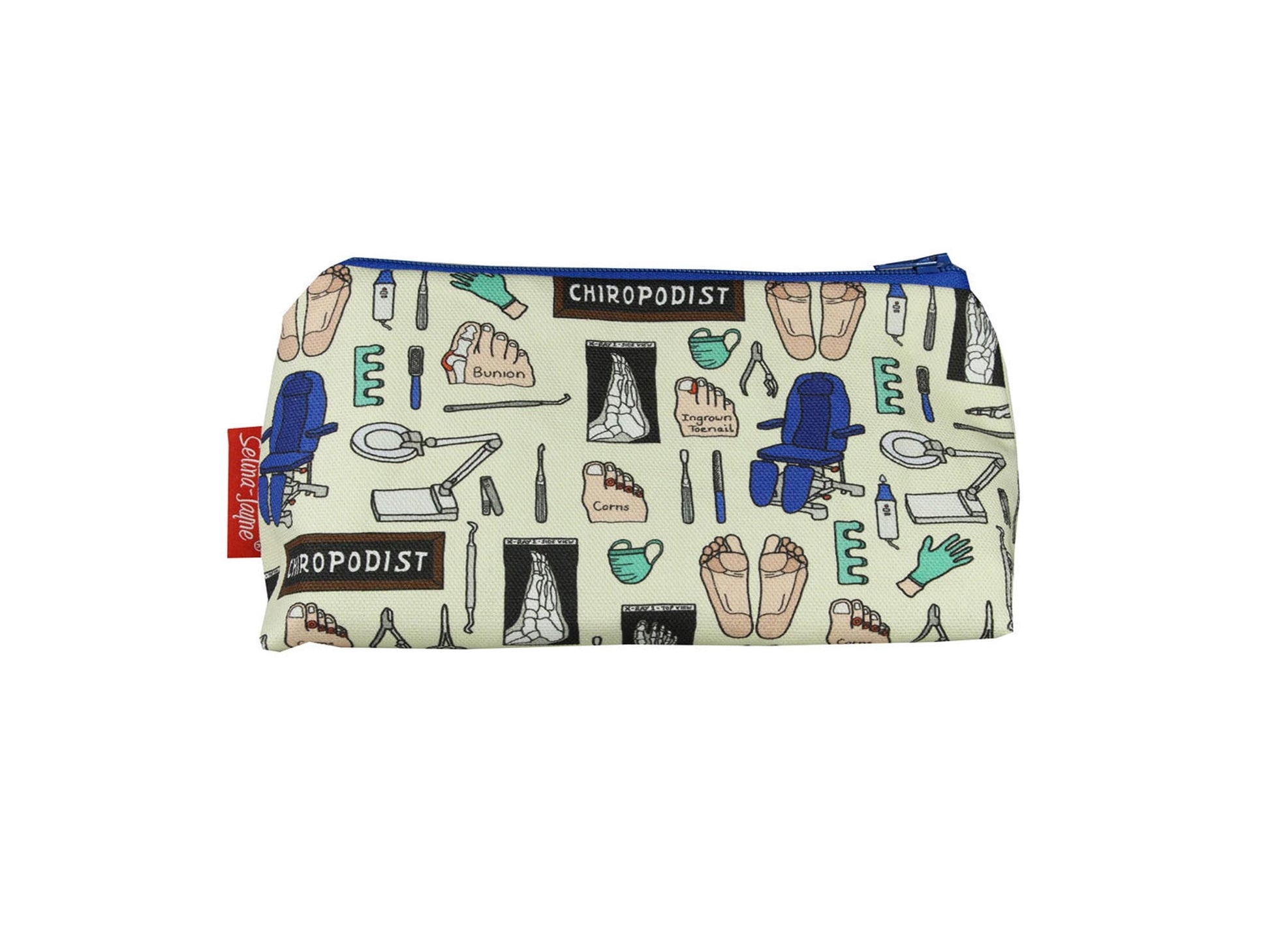Chiropodist cosmetic bag featuring vibrant healthcare-inspired print with wipe-clean lining and coordinated zipper by Selina-Jayne Designs