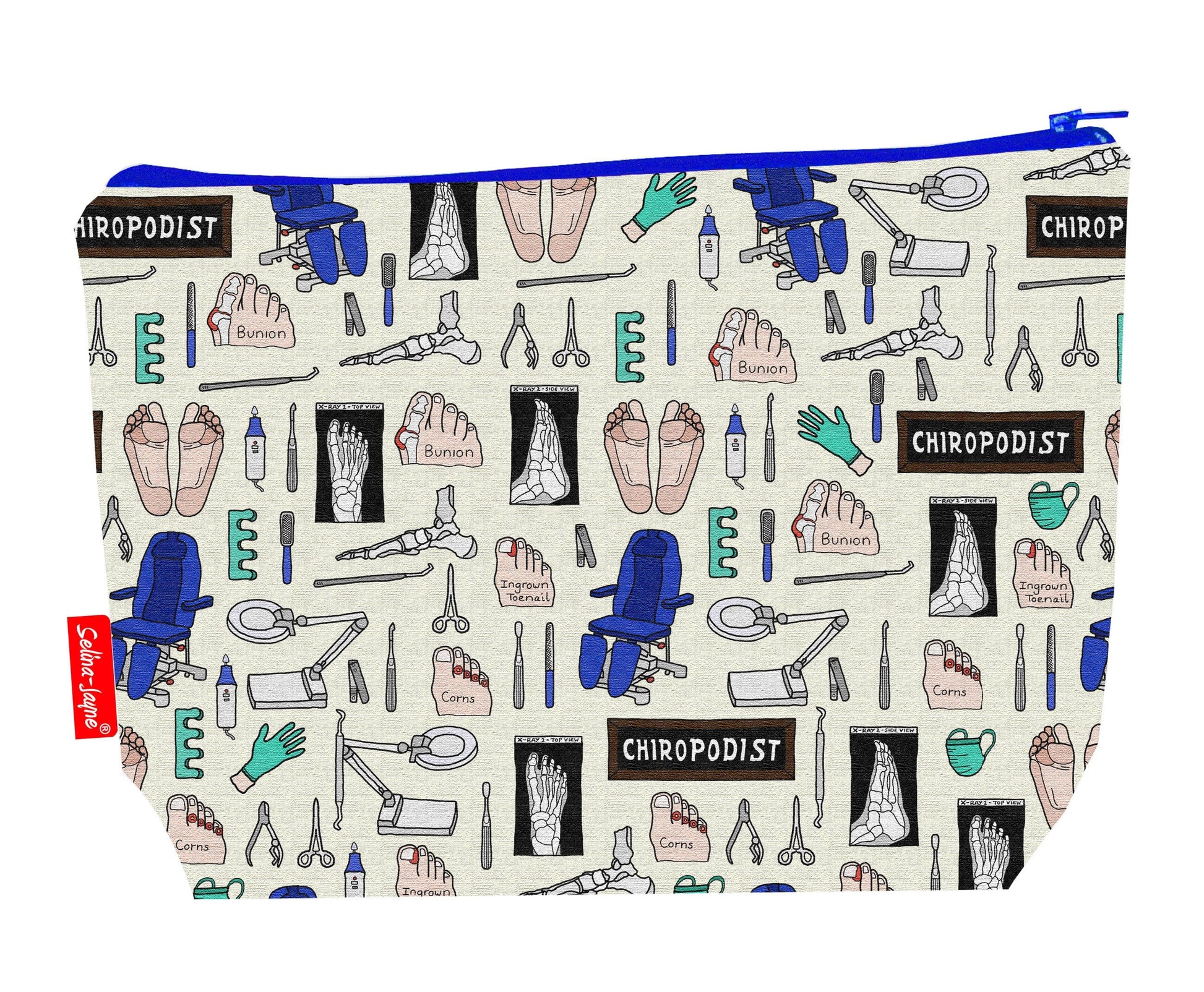 Chiropodist toiletry bag featuring vibrant podiatry design with washable lining by Selina-Jayne Designs