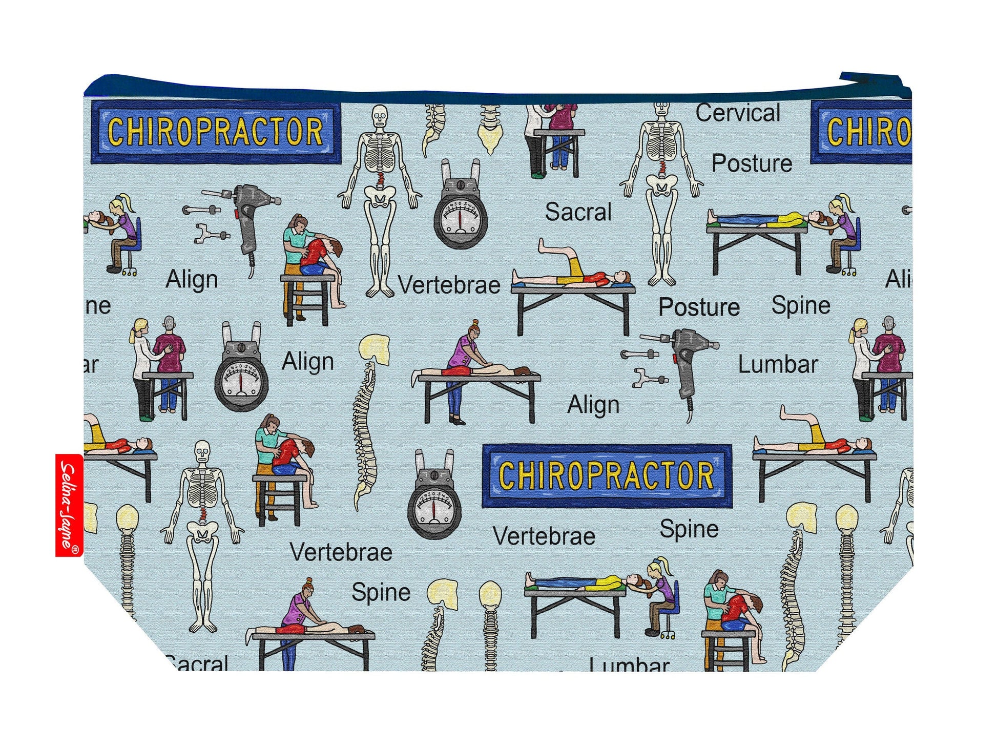 Chiropractor toiletry bag featuring vibrant chiropractic design with washable lining by Selina-Jayne Designs