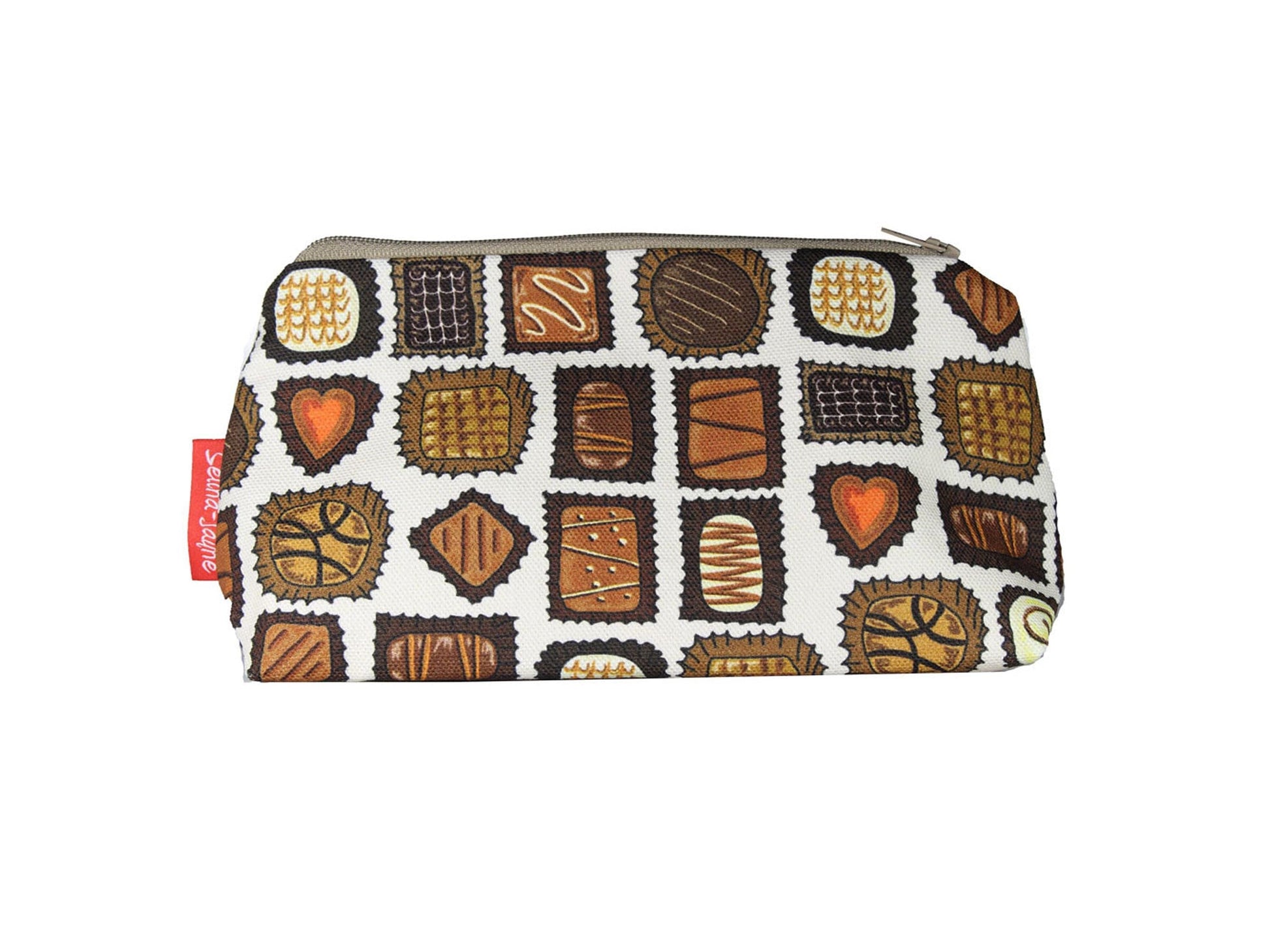 Chocolates cosmetic bag featuring vibrant sweet-inspired print with wipe-clean lining and coordinated zipper by Selina-Jayne Designs