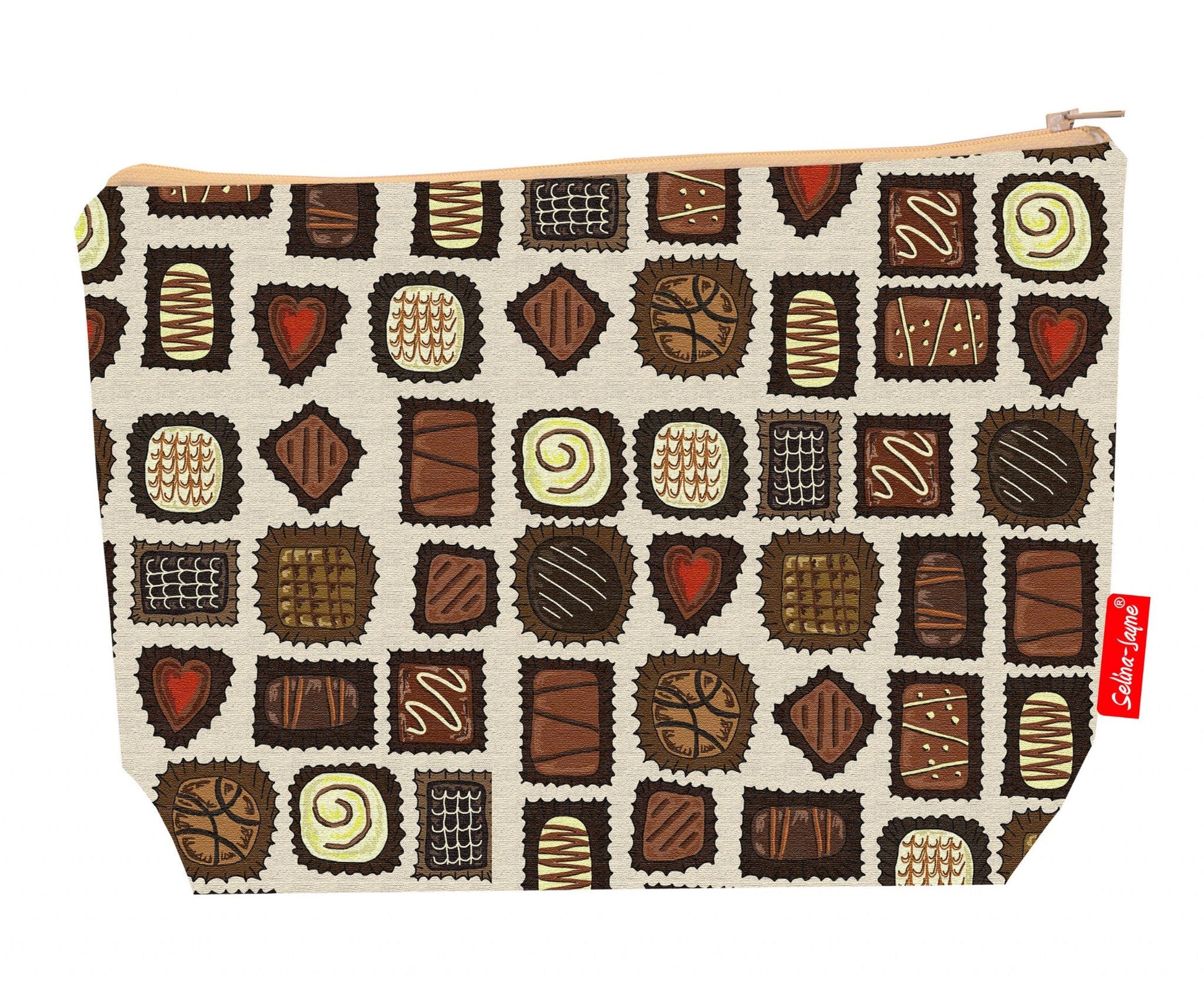 Premium chocolate-themed wash bag with washable lining and 29cm practical size