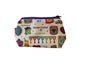 Crochet cosmetic bag with vibrant craft-themed print