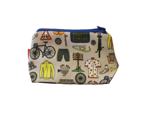 Cycling cosmetic bag with vibrant bike-themed print
