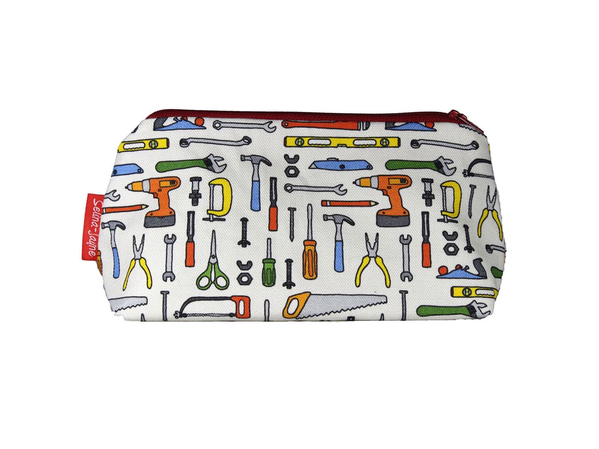 DIY cosmetic bag with vibrant craft-themed print