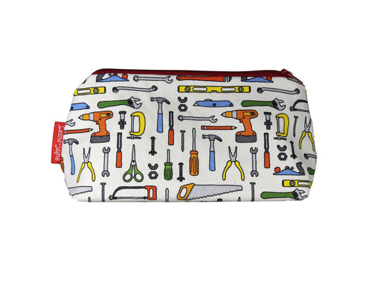 DIY cosmetic bag with vibrant craft-themed print