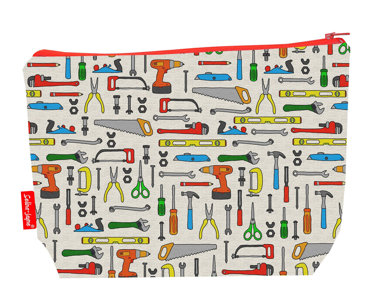 DIY tools toiletry bag featuring detailed builder's design with vibrant HD print by Selina-Jayne Designs