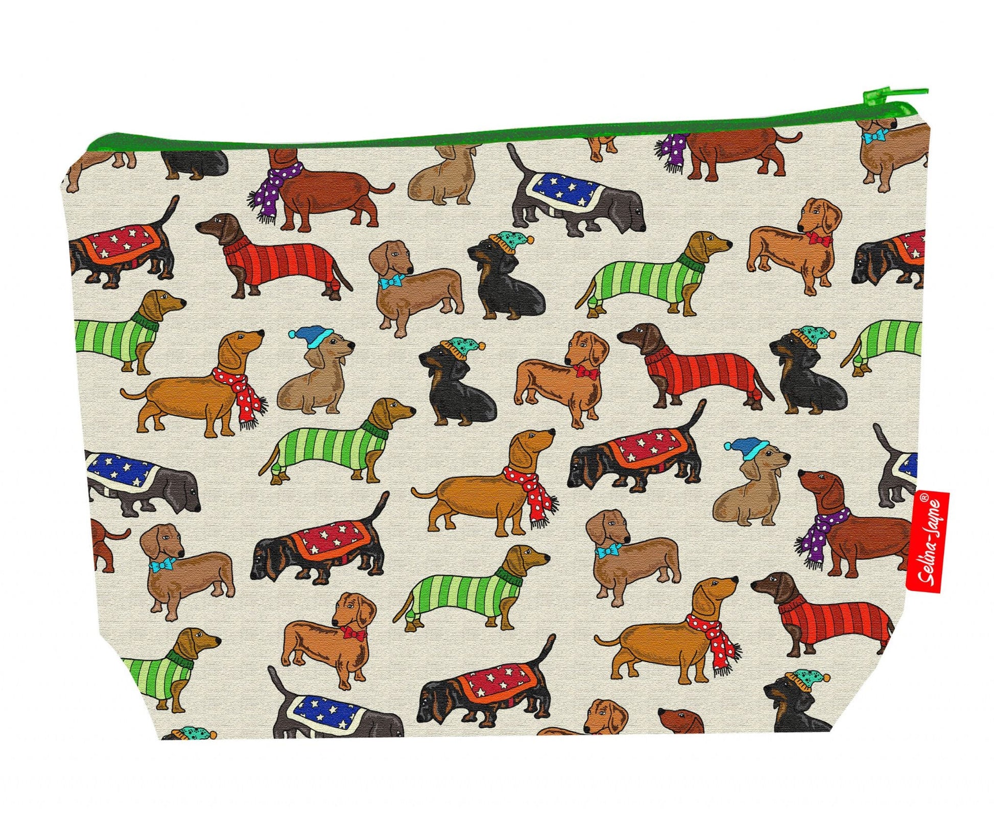 Dachshund wash bag interior detail - wipe-clean lining and durable polyester construction