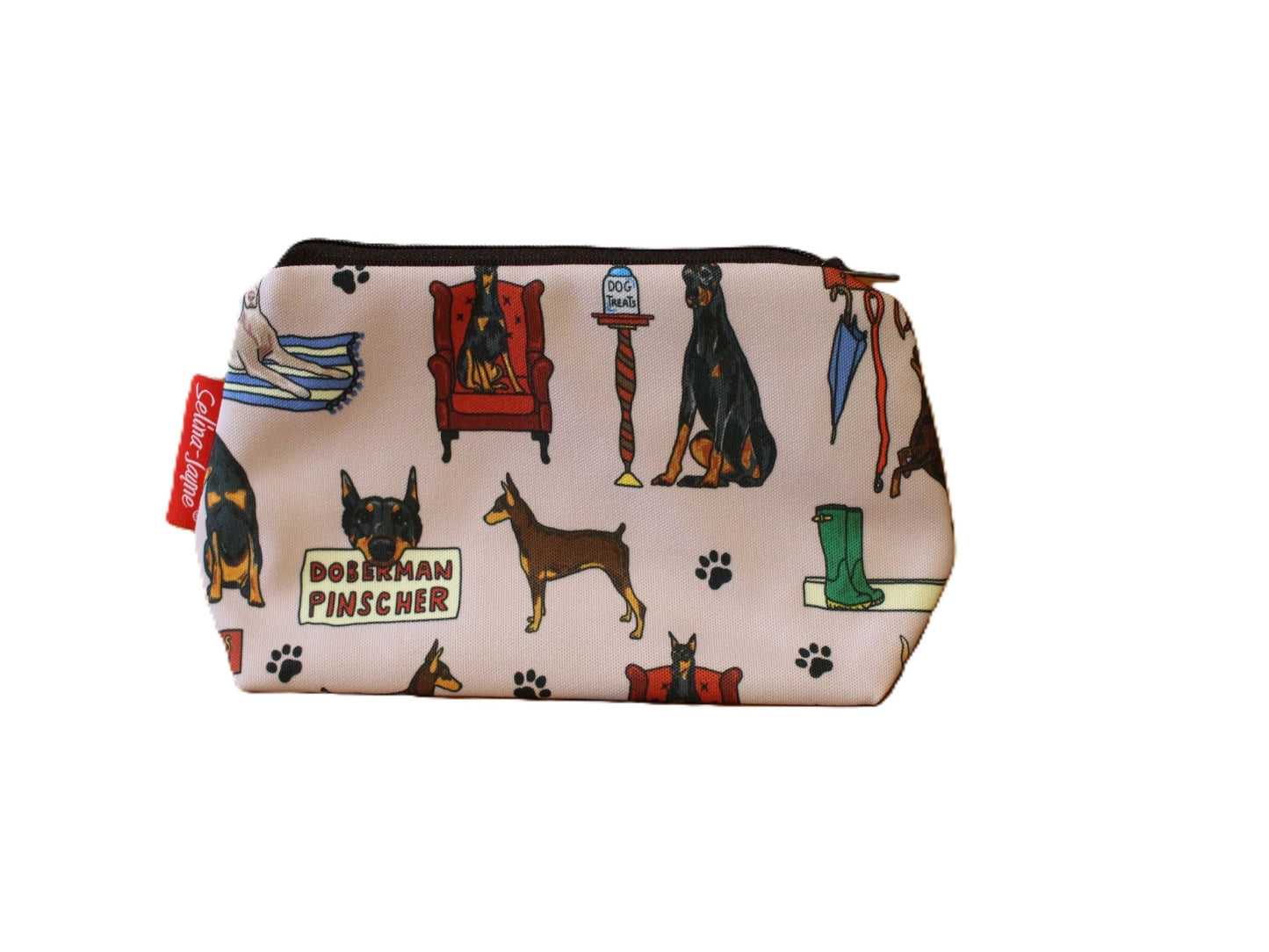 Doberman Pinscher cosmetic bag with vibrant dog illustration on durable polyester fabric with colour-coordinated zipper