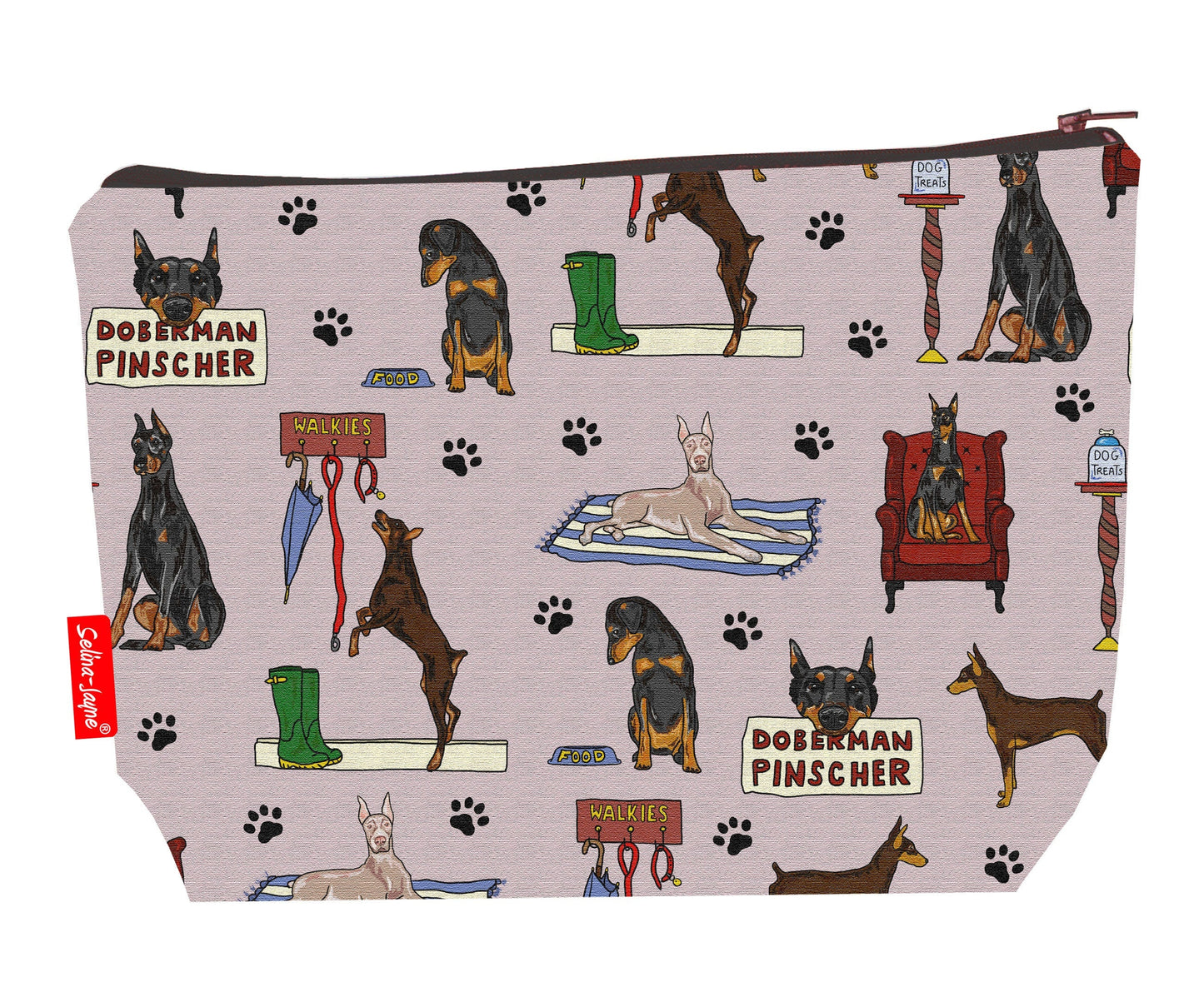 Doberman Pinscher toiletry bag featuring elegant dog design with vibrant HD print by Selina-Jayne Designs