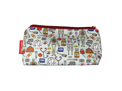 Doctors cosmetic bag with medical-themed illustration on durable polyester fabric with colour-coordinated zippe