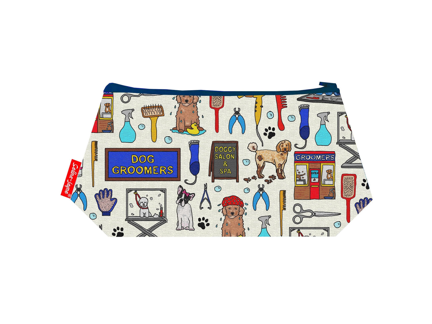 Dog Groomer cosmetic bag with pet professional illustration on durable polyester fabric with colour-coordinated zipper