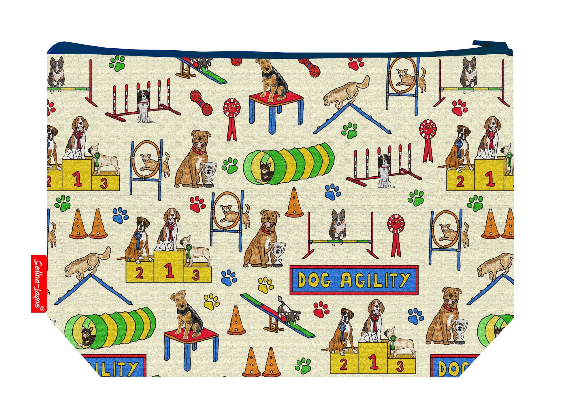 Dog agility toiletry bag featuring dynamic training course design with vibrant HD print by Selina-Jayne Designs