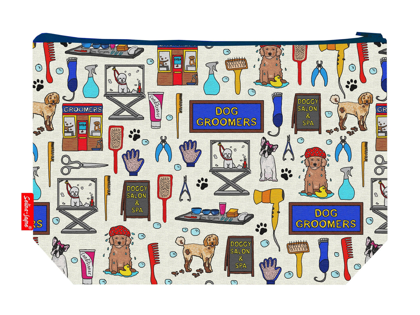 Dog groomer toiletry bag featuring pet styling design with vibrant HD print by Selina-Jayne Designs