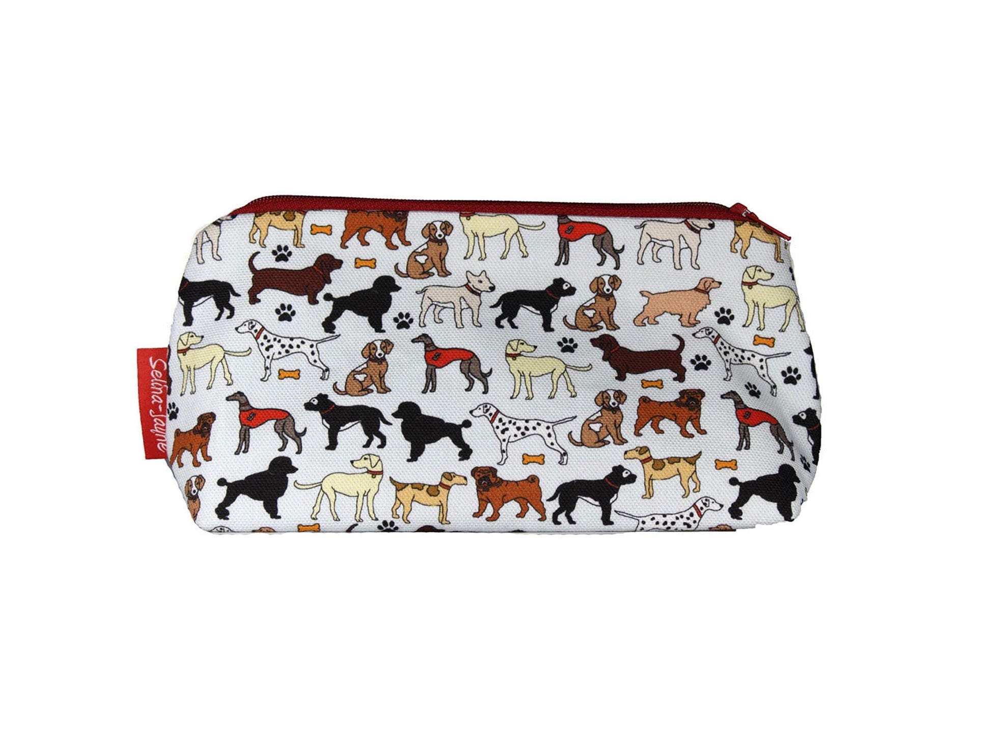 Dogs cosmetic bag with canine-themed illustration on durable polyester fabric with colour-coordinated zipper