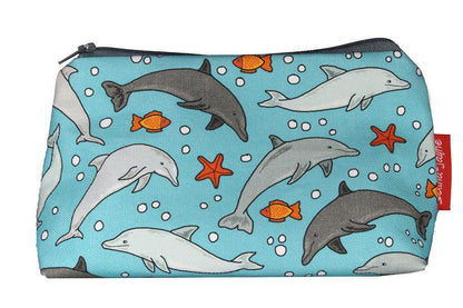 Premium Dolphins makeup bag featuring wipe-clean lining and colourfast HD print, perfect gift for ocean lovers