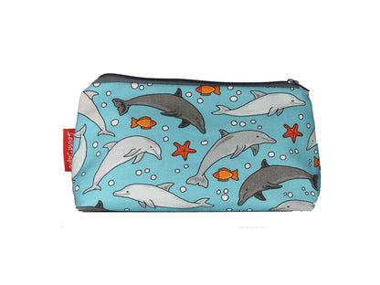 Dolphins cosmetic bag with marine wildlife illustration on durable polyester fabric with colour-coordinated zipper