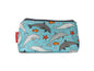 Dolphins cosmetic bag with marine wildlife illustration on durable polyester fabric with colour-coordinated zipper