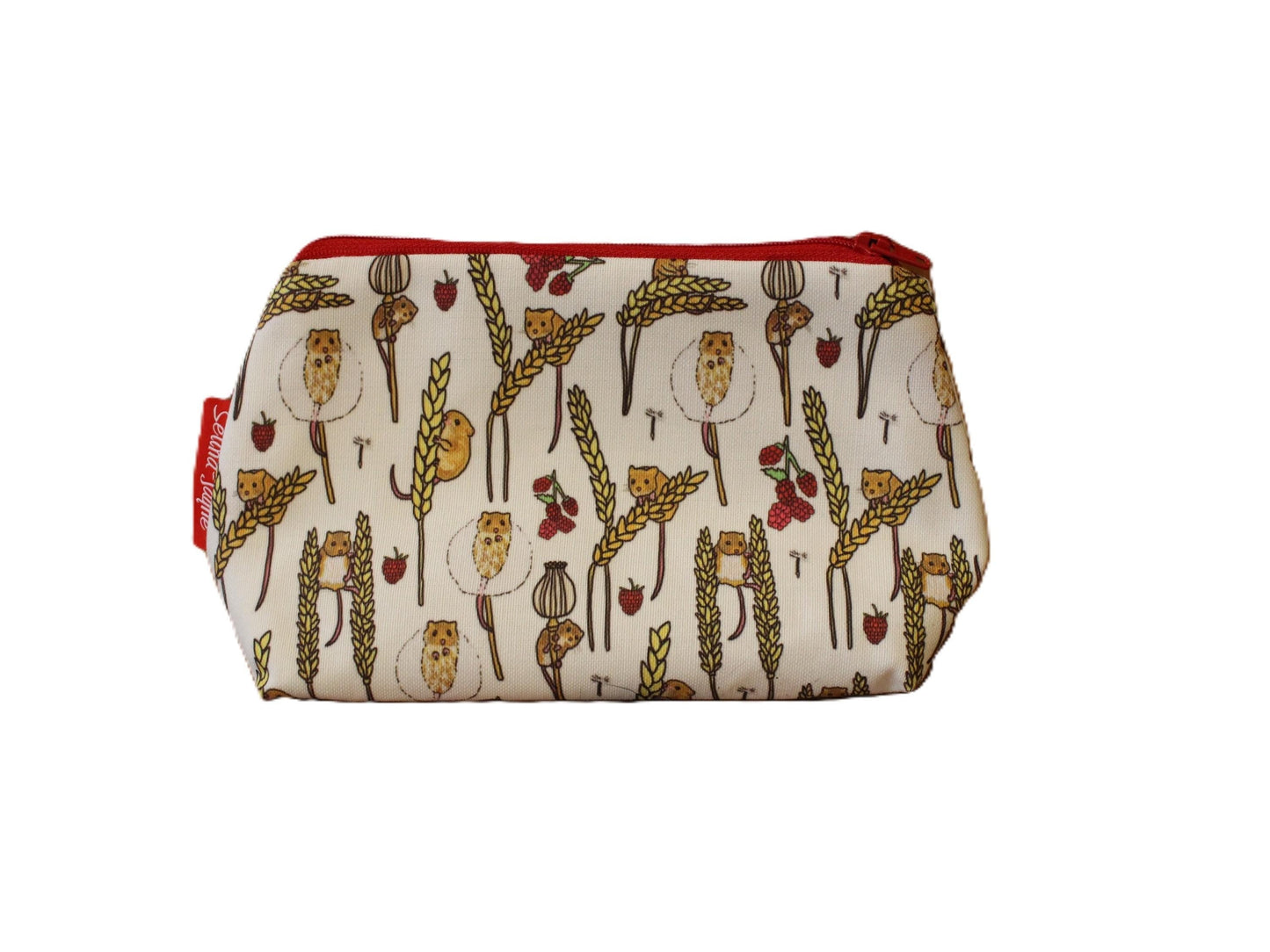 Dormouse cosmetic bag with charming wildlife illustration on durable polyester fabric with colour-coordinated zipper