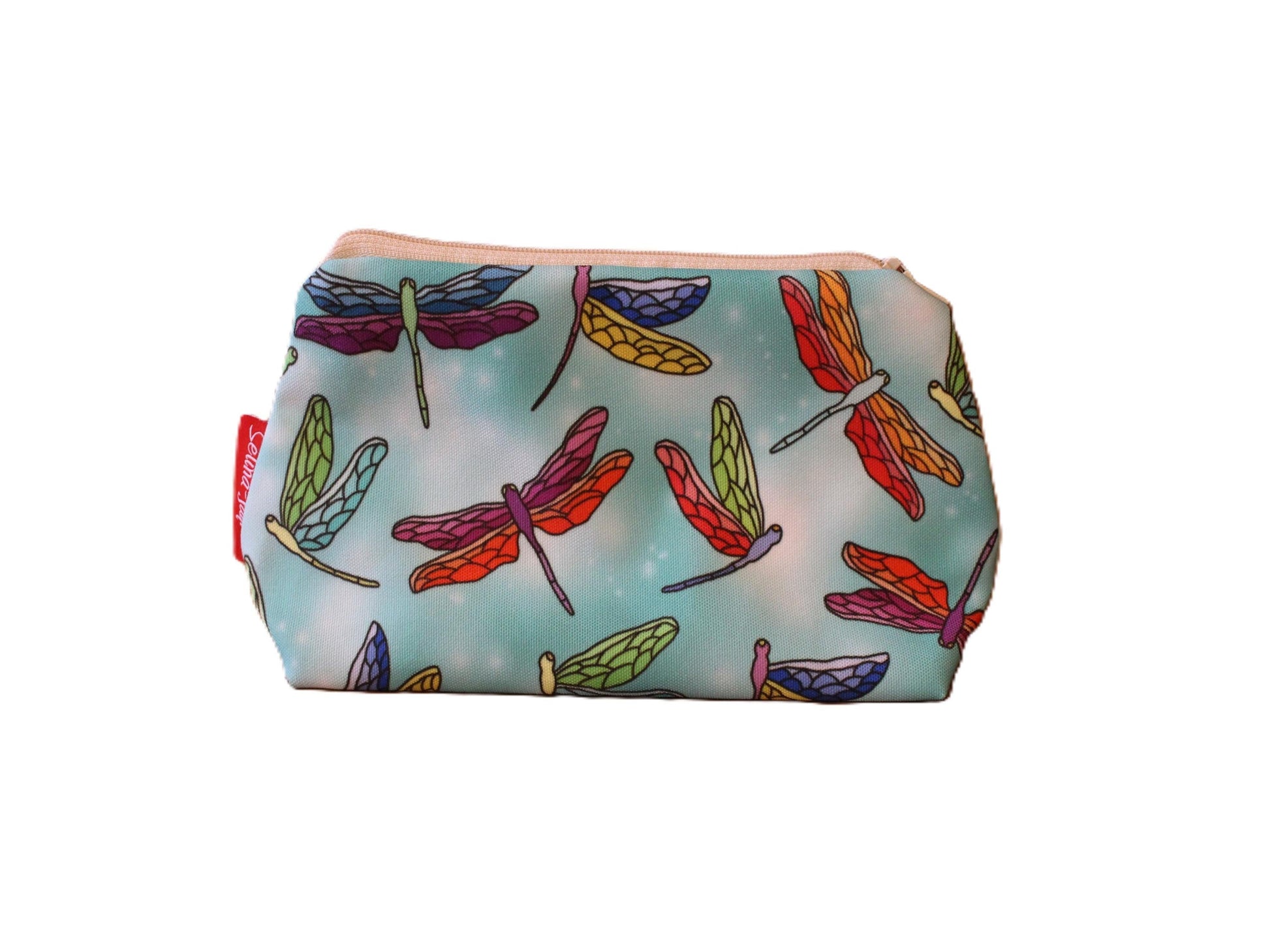 Dragonfly cosmetic bag with vibrant insect illustration on durable polyester fabric with colour-coordinated zipper