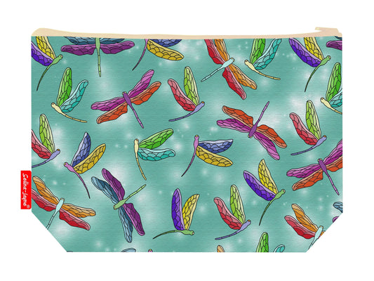 Dragonfly toiletry bag with insect design showing washable lining and zip detail
