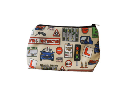 Driving Instructor cosmetic bag with professional-themed illustration on durable polyester fabric with colour-coordinated zipper