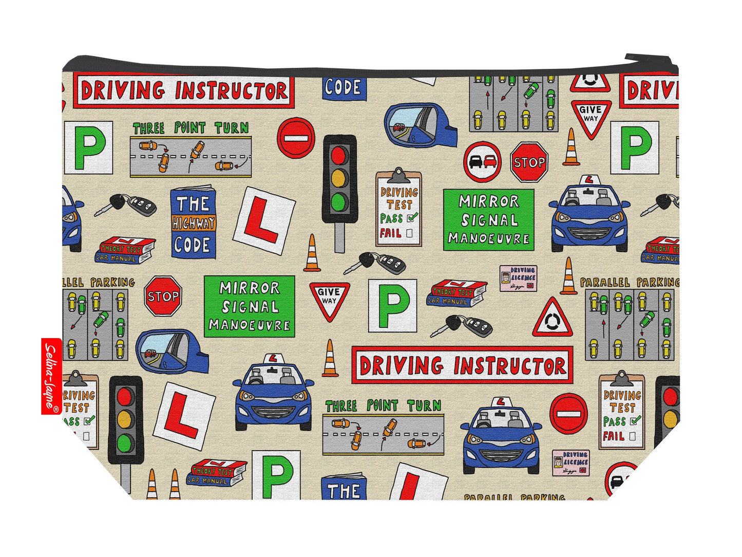 Driving instructor toiletry bag with professional design showing washable lining and zip detail