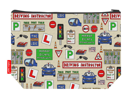 Driving instructor toiletry bag with professional design showing washable lining and zip detail